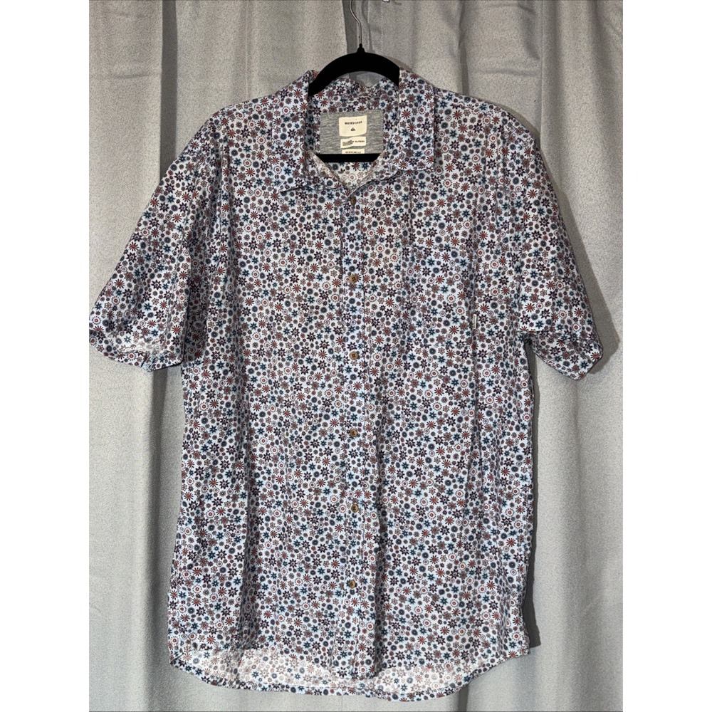 Quiksilver Men's XL Shirt Short Sleeve Button Up Casual Regular Fit Grey Floral